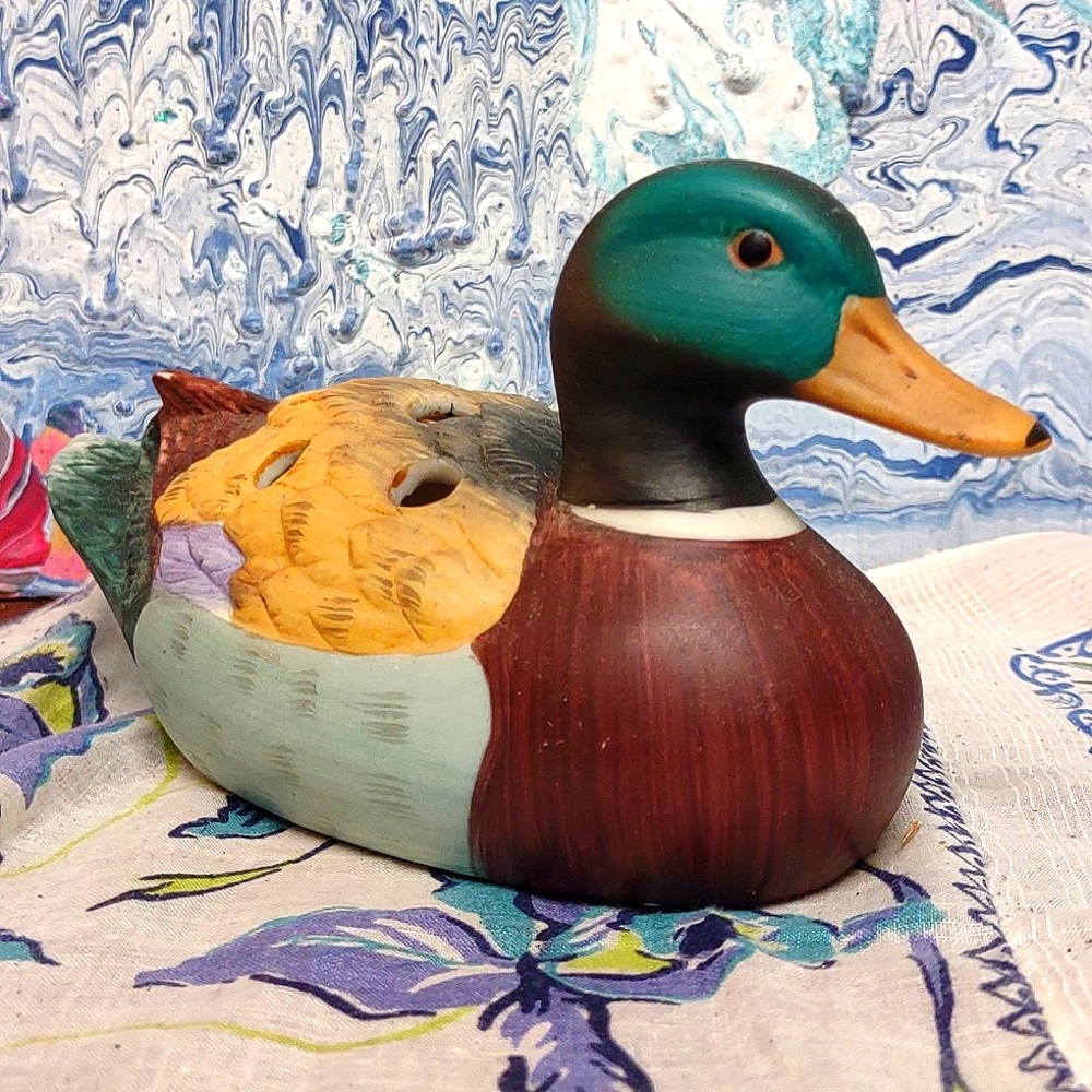 Porcelain Hand Painted Figural Mallard Duck Pencil Holder Vintage